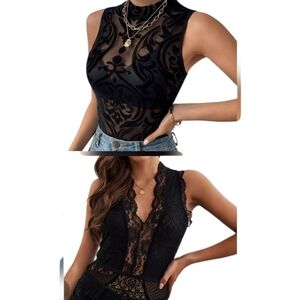 Black Hollow-Out Lace Bodysuit Set Of 2